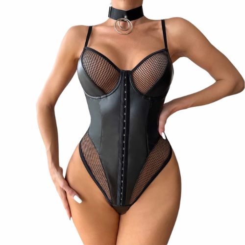 De Namour Faux Leather Mesh Sculpting Bodysuit with CollarBlack from Nice 'n' Naughty