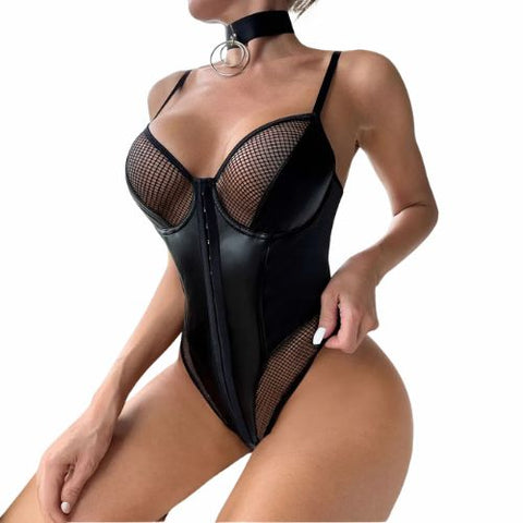 De Namour Faux Leather Mesh Sculpting Bodysuit with CollarBlack from Nice 'n' Naughty