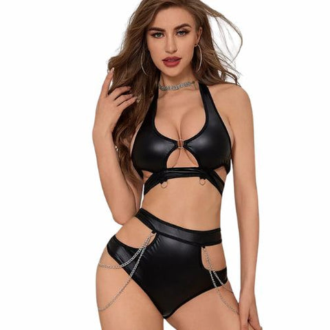 De Namour Faux Leather 2 Pc Cut-out Set w Chains Black from Nice 'n' Naughty