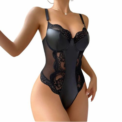 De Namour Lace and Faux Leather Bodysuit Black from Nice 'n' Naughty