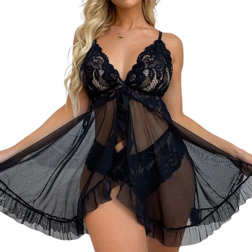 De Namour Lace and Mesh Babydoll with Thong Black from Nice 'n' Naughty