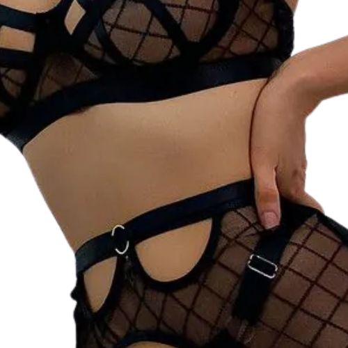 De Namour Lingerie Diamond Net Three Piece Lingerie Set 