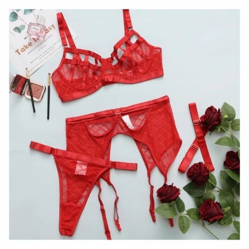 De Namour Lingerie Diamond Net Three Piece Lingerie Set 