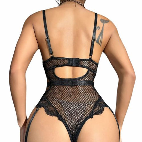 De Namour Sheer Lace Cut-out Bodysuit with Neckline Chain Black from Nice 'n' Naughty