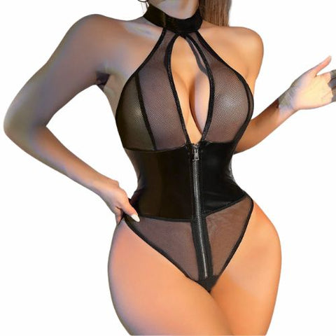 De Namour Sheer Mesh Halter Bodysuit with Zip-down Front Black from Nice 'n' Naughty