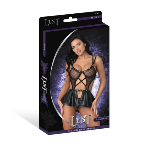 Lust Anastasia Cami Open Crotch Skirt Panty and Bra with Rings and Studs Black from Nice 'n' Naughty